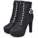 Susanny Women Autumn Round Toe Lace Up Ankle Buckle Chunky High Heel Platform Knight Black Boots 12
