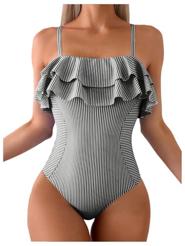 Floerns Women's One Piece Swimsuit Ruffle Trim Striped Print