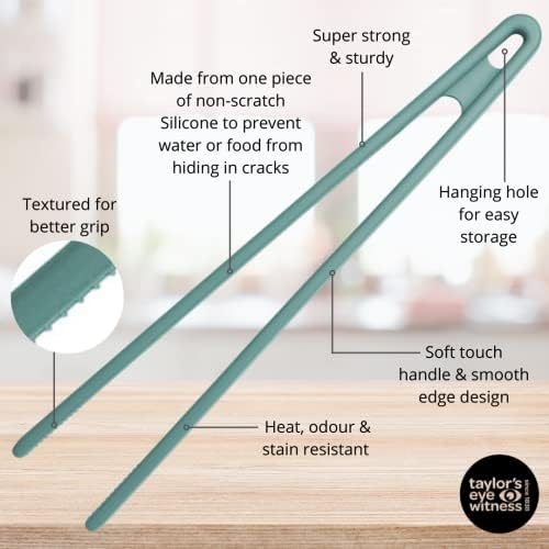 Taylors Eye Witness Large Aqua Blue Silicone Gripping Tongs - Dishwasher Safe. Sturdy Build, Non-Scratch Grip Heads, Long Handle. Odour, Stain & Heat Resistant (260°C/500°F). 5 Year Guarantee