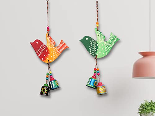JH Gallery Handcrafted and Emboss Painted Colorful Wooden Birds Hangings - Multicolour (14 Inches Height Approx, 1 Pair)