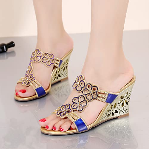 Honeystore Women's Flower Rhinestones Wedge Heels Hollow-Out Slip-On Sandals Dress Shoes Blue 9 B(M) Us #TOP6