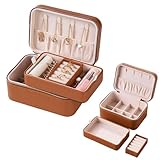 AYUOKER Brown Small Travel Jewelry Box,2 Layers PU Leather Travel Jewelry Box with Double Zippers, Portable Travel Jewelry Organizer for Necklace/Bracelet/Ring/Brooch