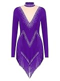 RUNQHUI Justaucorps Patinage Artistique Femme Strass Manches Longue Robe Danse Latine Frangé Bodysuit Gymnastique Costume Violet M