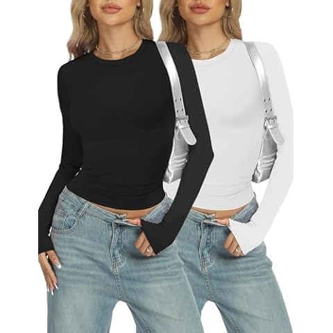 Womens Basic Casual Crop Tops Summer Fall White Black Long Sleeves Slim Fit Tees Crew Neck T Shirts Plain Cute Going Out Y2k Tops Tight Fitted Sexy Compression Trendy Clothes Baby Tee Shirts 2 Pack Cover