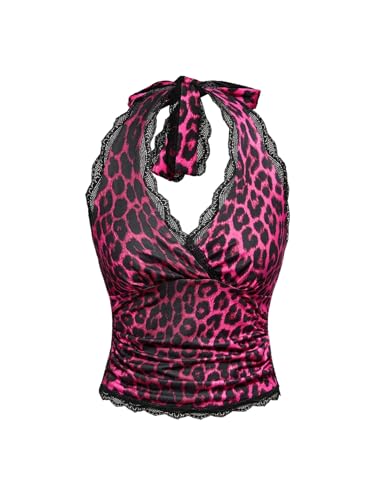 WDIRARA Women's Leopard Print Halter Crop Cami Top