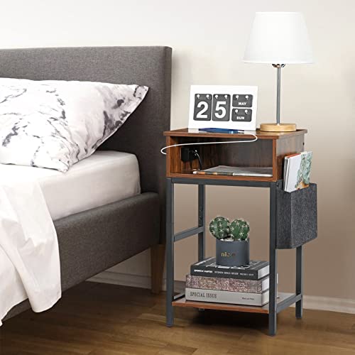 Mooace Nightstand With Charging Station, End Side Table With Storage Bag, Drawer And Usb Ports & Power Outlets, Beside Night Stand For Small Spaces, Living Room, Bedroom, Rustic Walnut #TOP3