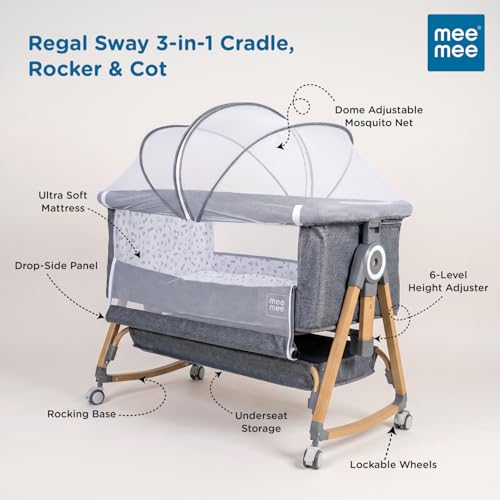 Image of Mee Mee Regal Sway Cradle for New Born Baby and Swing Anti Sleep Tilt Mode /Ultra-Light Cradle with Patented Rocking & Mosquito Net, Detachable 360 Swivel Wheels (Brown Grey)