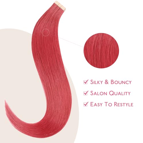 Image of WENNALIFE Tape in Hair Extensions Human Hair Coral Red Tape in Extensions, 10pcs 25g 16 inch Remy Invisible Tape Ins Straight Colored Soft Real Human Hair Tape in Extensions Refill Set Extensions