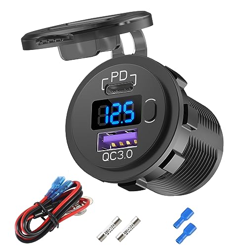 12V USB C Car Charger Socket, 38W 12V USB Cigarette Lighter Replacement with PD 3.0 and QC 3.0 Car USB Port, Waterproof 12 Volt USB Outlet with Power Switch Voltmeter for Car Marine Truck RV