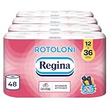 Regina Rotoloni - 48 Maxi Rotoli di Carta Igienica, 500 Fogli a 2 Veli, Lunghi Più del Doppio dei Normali Rotoli, Confezione 50% in Plastica Riciclata, Carta 100% Certificata FSC