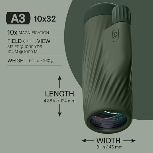 Bushnell A3 10x32 Compact Monocular, Waterproof, Fogproof, 10X Magnification, Fully Multi-Coated Lenses & Rubber Armor - Laurel Green