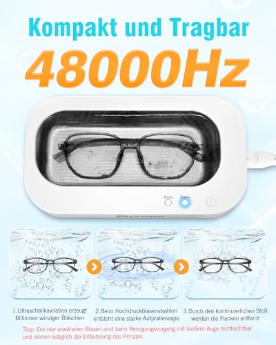 Gisaae Ultraschallreinigungsgerät 48000Hz Brillenreinigungsgerät Mit 2 Modi Tragbar...