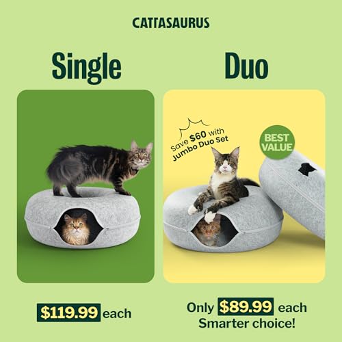 Image of Cattasaurus Peekaboo Cat Cave Duo Jumbo Set, Extra Spacious Cat Donut for Multiple & Large Kitty 15+ lbs, Scratch Detachable Cat Beds for Indoor Cats, Washable Cat Tunnel Bed, Best Kitten Toys