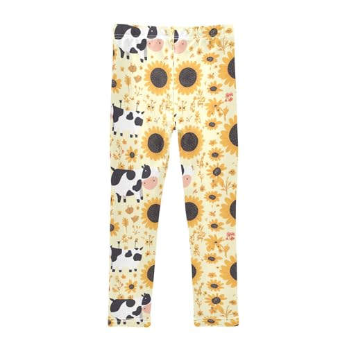 KLL Black White Cow Print Sunflowers Girls Active Leggings Soft High Waisted Workout Pants Running2