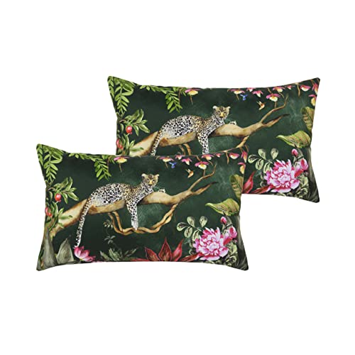 Evans Lichfield Leopard Outdoor Polyester Filled Cushions (Twin Pack), Polyester, Forest Green, 30 x 50cm (K2-LEOPARD/HF6/FOR)