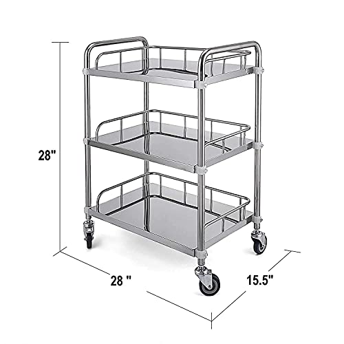Image of Indian Decor 55746 Hospital /Clinic Trolley On Wheels 3 Tier Stainless Steel Beauty Salon Rolling Trolley, Hospital /Dental Clinic Medical Equipment Cart, Universal Brake Wheel - Chrome