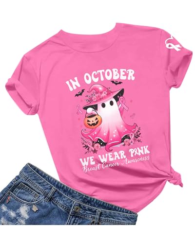 Breast Cancer Awareness Shirts for Women in October We Wear Pink T-Shirt Halloween Ghost Graphic Ribbon Tees