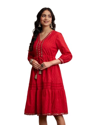 Image of Amazon Brand - Myx Women's Schiffli Dress | Casual Cotton Dress | Knee-Length (Available in Plus Sizes)