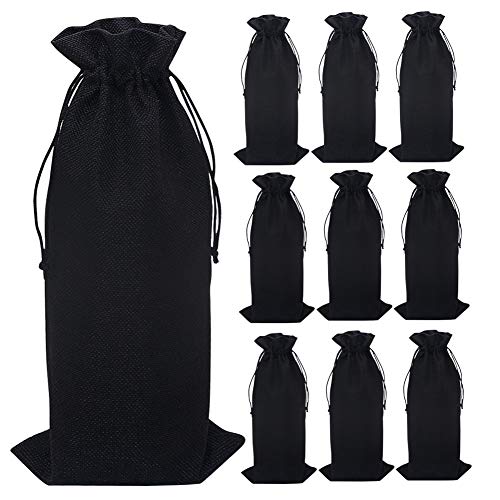Shintop 10 bolsas de yute para vino, 14 x 6 1/4 pulgadas, bolsas de regalo para botella de vino de arpillera con cordón (negro)