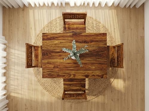 Image of RECTART Solid Wood Dining Table Set with Chairs for Living Room Home | Wooden Dining Room Sets Furniture for Hotels and Restaurants | (CNC-Top-N, 4 Seater)