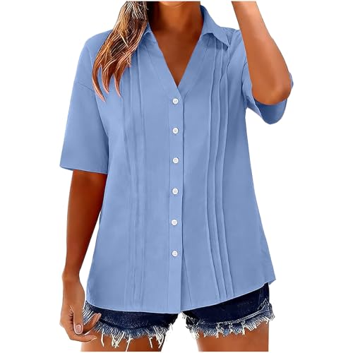 Tawop Cotton and Linen Clothes for Women, Cotton Linen Women Button Down Shirts Lapel Short Sleeve Pleated Front Blouse Casual Summer Loose Fit Tee Shirt Light Blue S