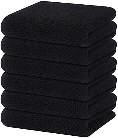 Homaxy 100% Cotton Waffle Weave Kitchen Dish Towels, Ultra Soft Absorbent Quick Drying Cleaning Towel, 13 x 28 Inches, 6-Pack, Black