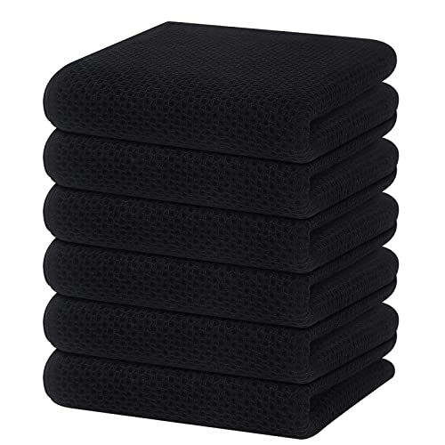Image of Homaxy 100% Cotton Waffle Weave Kitchen Dish Towels, Ultra Soft Absorbent Quick Drying Cleaning Towel, 13 x 28 Inches, 6-Pack, Black