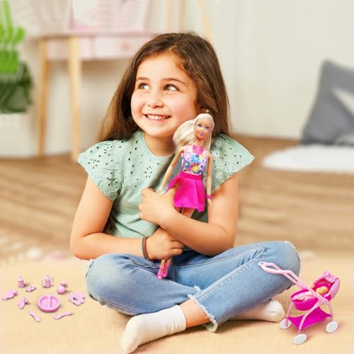 Image of Steffi Love Doll Set| Steffi Love Baby Walk Toy| Steffi with Baby & Stroll| Set of 15+ Baby Essentials| Pretend Play Set| Ideal Gift for Girls Age 3+ (Pink)