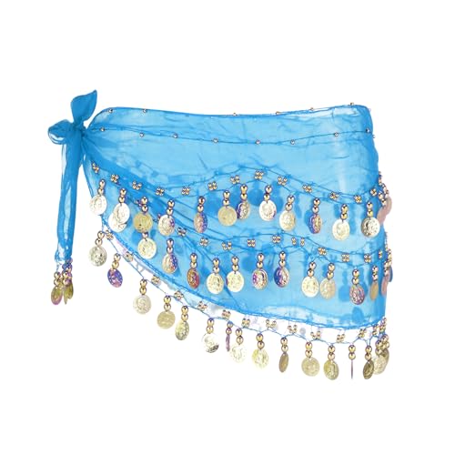 Sourcing Map Belly Dance Hip Scarf 57x11, Women's Costume Skirt Wrap with 72 Gold Coins for Yoga Class - Sky Blue