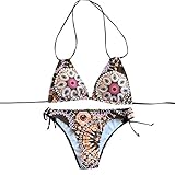 Ansenesna Bikini Damen Set Neckholder Push Up Brüste Badeanzug Zweiteiler Frauen Schnüren Vintage Bikini Triangel Unterteil Strand Schwimmen Bademode 2 Teilig (Braun,L)