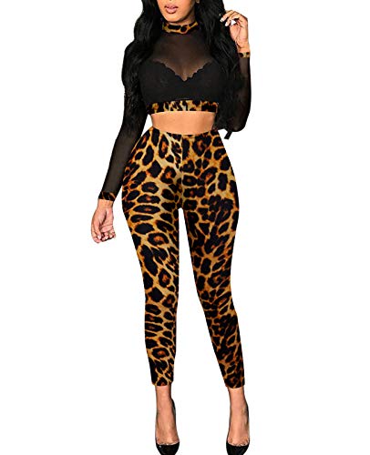 Rela Bota Women's Leopard Print 2 Piece Outfits Mesh Crop Top High Waist Long Pants Clubwear Set Long Sleeve M