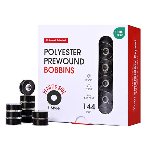 Image of Poolin Richword Selected Prewound Bobbins, Plastic Sided,144pcs Size L(SA155), 70D /2(60WT) Polyester Bobbin Thread for Commercial Multi Needles Embroidery Machine, Black 105 Yards