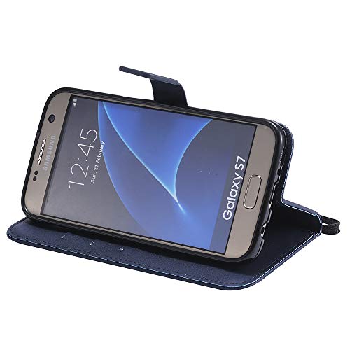 Leather Wallet Phone Case For Samsung Galaxy S7 With Credit Card Holder Slot Kickstand Folio Flip Cover And Cell Accessories Full Body Protective Silicone Glaxay S 7 7S Gs7 Sm-G930V G930A Men Blue #TOP3