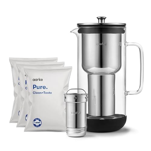 Aarke Purifier Regular 1.18L Glass Pitcher Bundle w/Steel Filter, BPA-Free, 4 Pure Refill Granules - Filters Heavy Metals