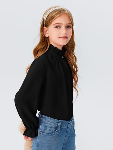 Image of Haloumoning Girls Ruffle Long Sleeve Blouse Kids Button Down Uniform Dress Shirts 5-14 Years