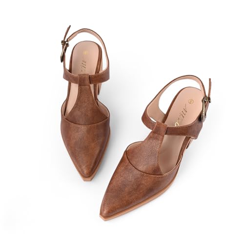 Womens Chunky Block Heels Closed Pointed Toe Ankle T-Strap Pumps Vintage Dress Party Shoes, Brown, Size 7.52