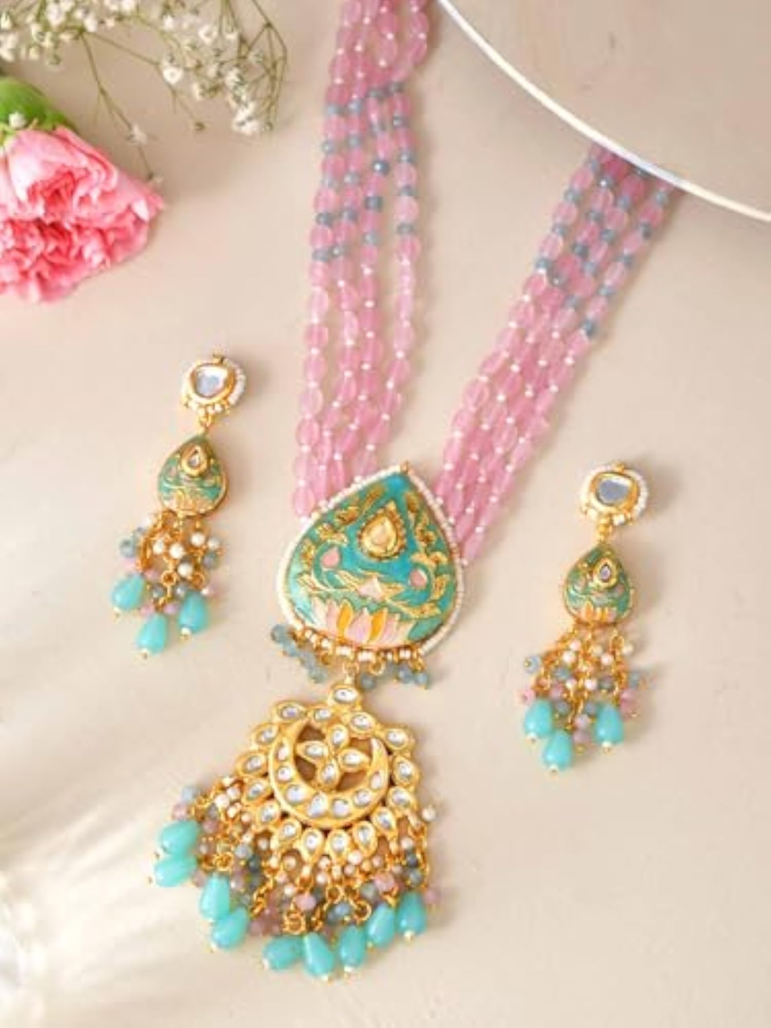 Elegant Designer Chandbali Style Multistrand Pink Beaded Kundan Necklace Set