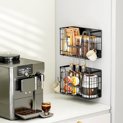 Image of Magnetic Shelf for Fridge, Fruit Basket Magnet Shelves with 2 Hooks | Potato and Onion Storage Bins, Black Magnetic Organizer Side of Fridge Storage, Magnetic Spice Rack for Refrigerator Kitchen