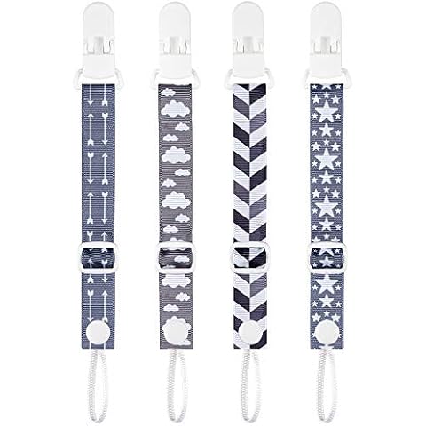 PREMYO 4 Pack Dummy Clips Girl Boy - Adjustable Pacifier Holder Strap - Baby Soother Chain Universal Fit Grey Cover