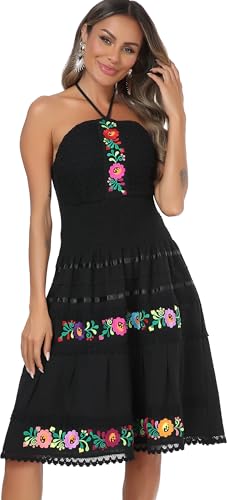 YZXDORWJ Women's Mexican Dress Summer Linen Mini Dress Floral Embroidered Fiesta Dresses2