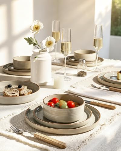 Image of Famiware Stellar Stoneware Dinnerware Set, 12-Piece, Double Reactive Glaze, Plates and Bowls, Service for 4, Microwave and Dishwasher Safe, Scratch-Resistant, Matcha Green