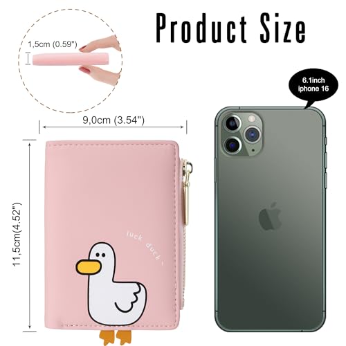Image of CONISY Cute Wallets for Women, Leather Bifold Small Wallet with Zipper Coin Purse, RFID Blocking Wallet for Girls and Ladies, Duck Pink, Moden