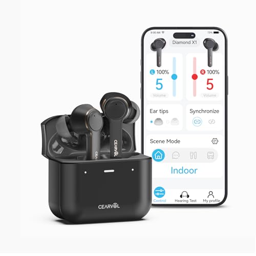 Cearvol OTC Rechargeable Hearing Aids for Seniors & Adult with Bluetooth - Noise Reduction, App Control, Quick Charge, Comfort Fit for Mild to Moderate Hearing Loss (Diamond X1, Midnight)