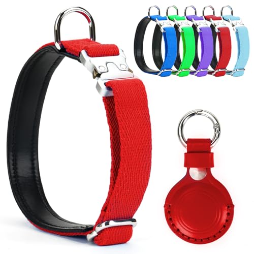 LOIIHEII Dog Collar with Leather Airtag Holder Durable & Comfortable Anti-Loss Locator Collar for Small/Medium Dogs - Ideal for Daily Walks and Outdoor Adventures- Red (M)