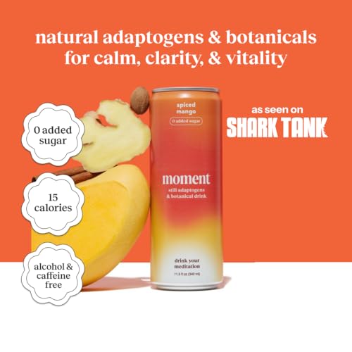 Moment Adaptogen Drink (Shark Tank) | Non-Carbonated Non Alcoholic Drinks | Spiced Mango | L-Theanine & Ashwagandha for Calm & Clarity | 0 Added Sugar, 0 Caffeine | 12-pack