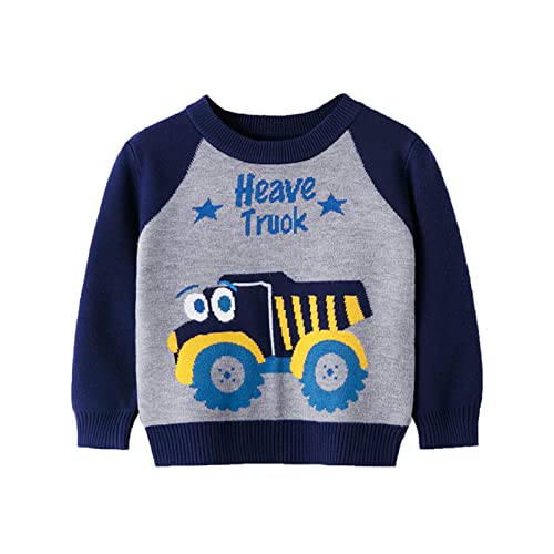 Boys Knitted Cardigan for Kids Toddler Boys Girls Patchwork Colour Cartoon Car Print Sweater Long (Navy, 2-3 Years)