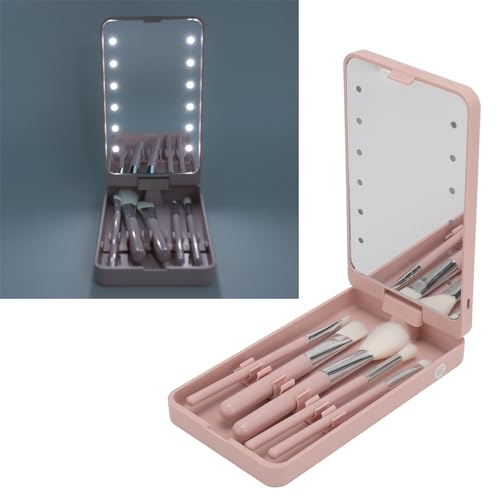 Contents of the Dioche LED Makeup Mirror and Brush Set package, including the mirror case, five brushes, and a USB cable.