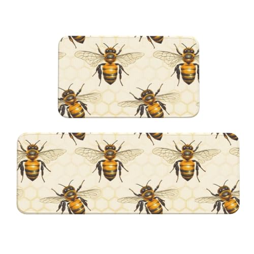 GVYGVY Antifatigue Kitchen Mats for Floor 2 Piece - Realistic Bee Print Kitchen Rugs Washable, Non Slip Runner Rug Standing Mat for Office/Bathroom/Laundry/Home Decor and Accessories