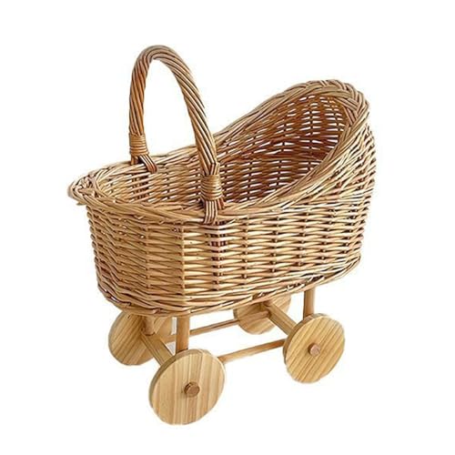 Handmade Wicker Flower Basket Woven Rattan Pushcart Planter Small Stroller Design Fruit Gift Box with Handle for Wedding Baby Shower Centerpiece Candy...