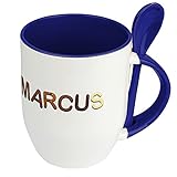 Namenstasse Marcus - Löffel-Tasse mit Namens-Motiv Schokoladenbuchstaben - Becher, Kaffeetasse, Kaffeebecher, Mug - Blau